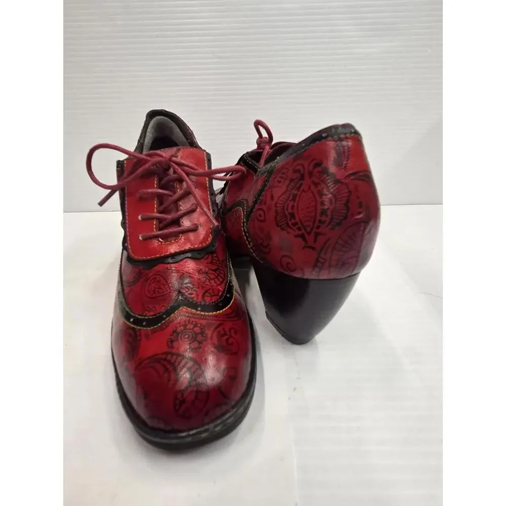 Red Paisley Heel Shoes Womens Size 39 US 8 Lace Up Leather Print Vintage Style - Picture 6 of 13
